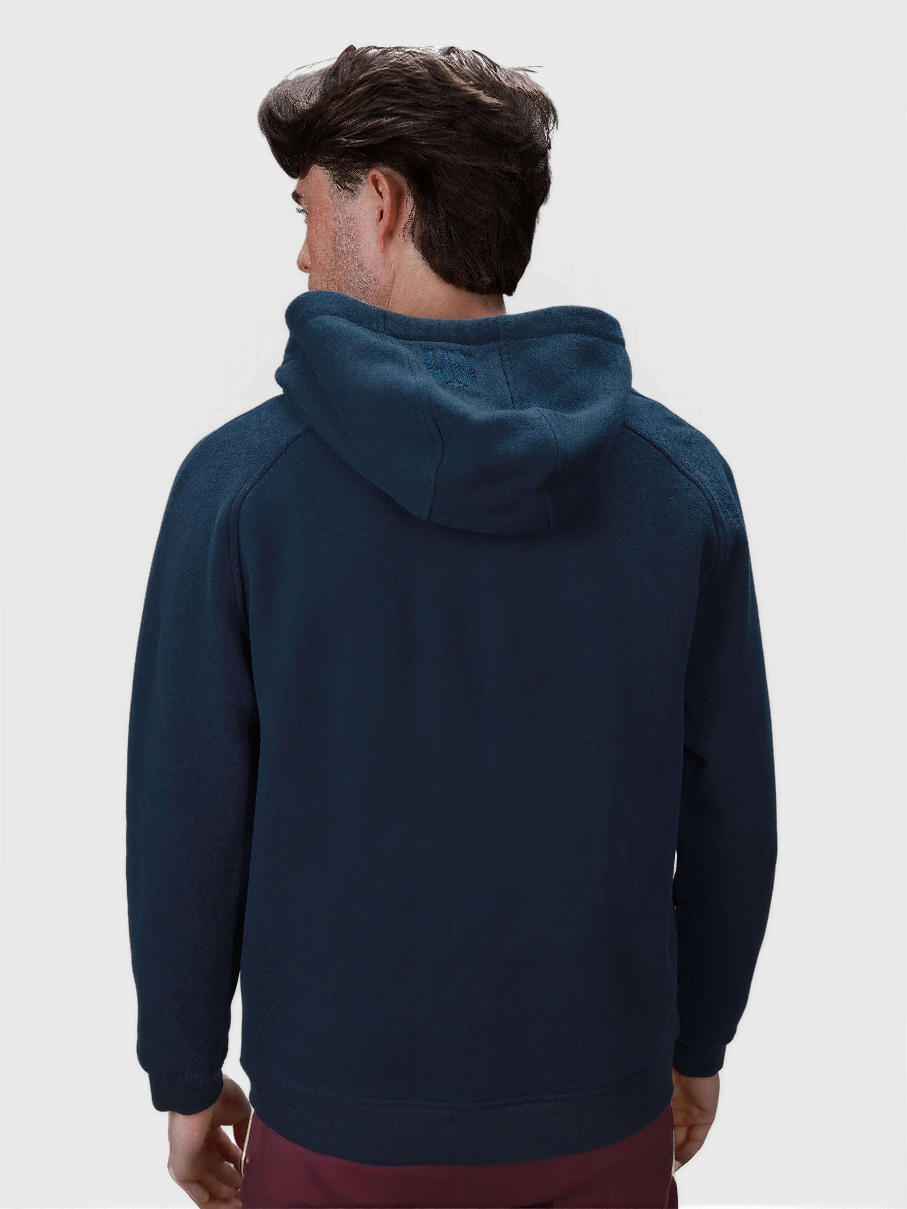 Rear view of men's Heather Navy Off Court Full Zip Hoodie by MUEV for padel and pickleball clothing